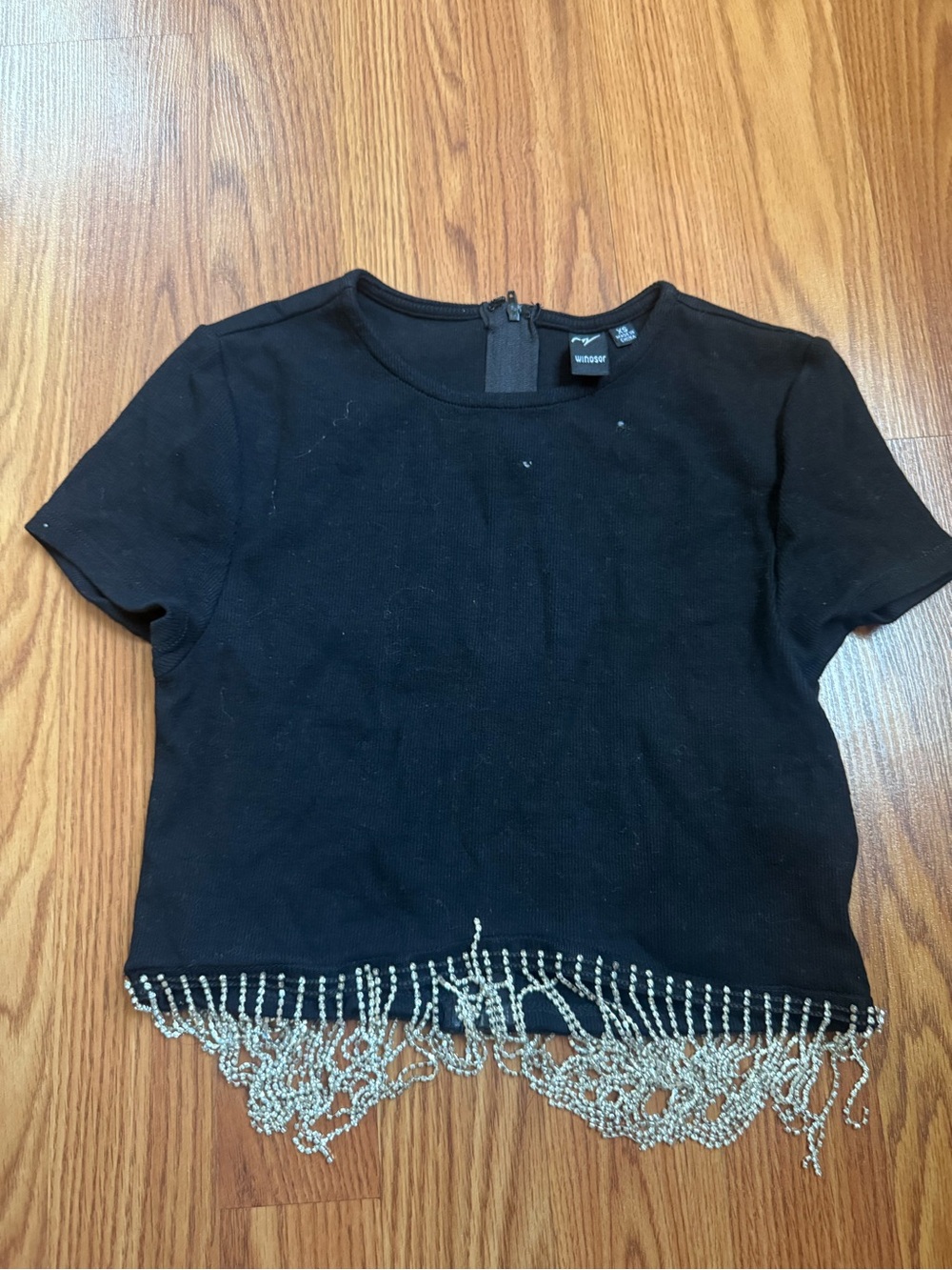 Windsor Black Short Sleeve Crop Top with Silver Beaded Fringe